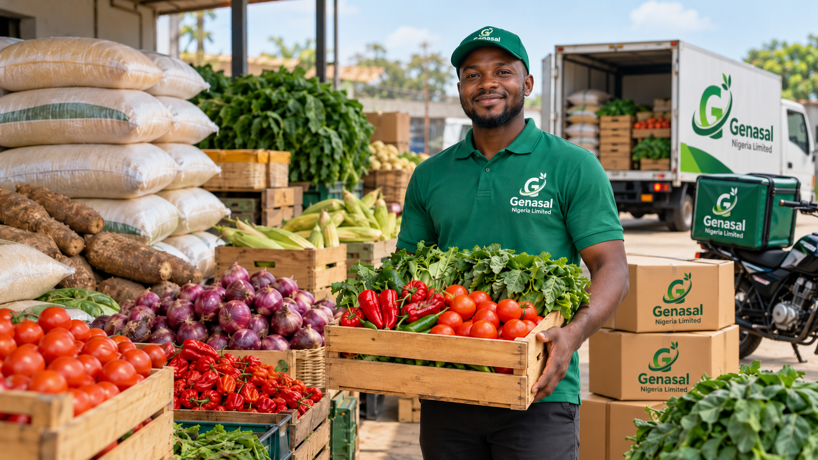 Genasal Nigeria Limited worker with fresh agricultural produce and delivery vehicles